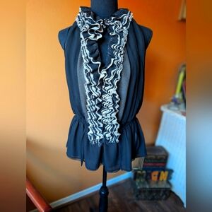 Front ruffle, cinched waist, formal blouse, polyester lace and nylon